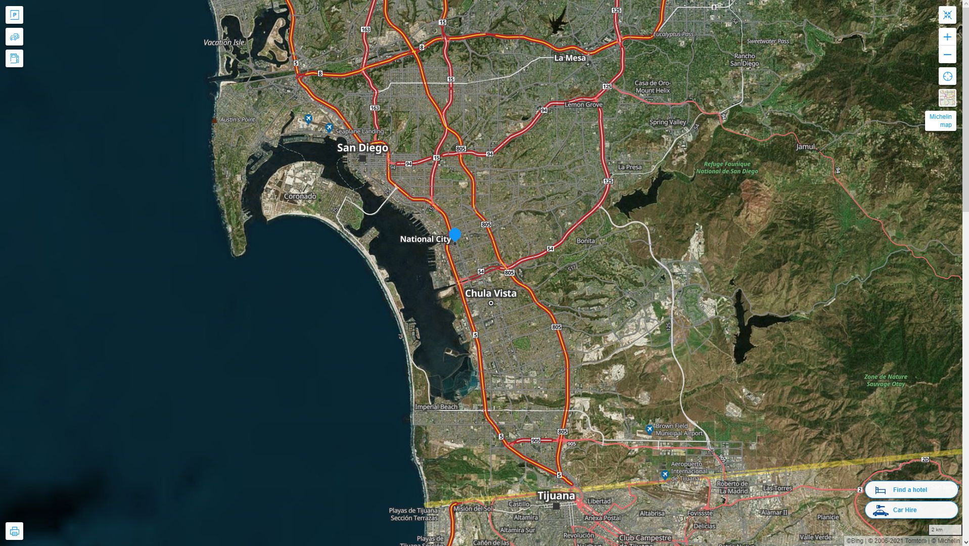 National City California Highway and Road Map with Satellite View